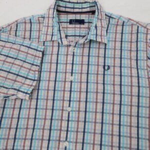 FRED PERRY shirt mens XL Short Sleeve Seersucker cotton button up logo plaid